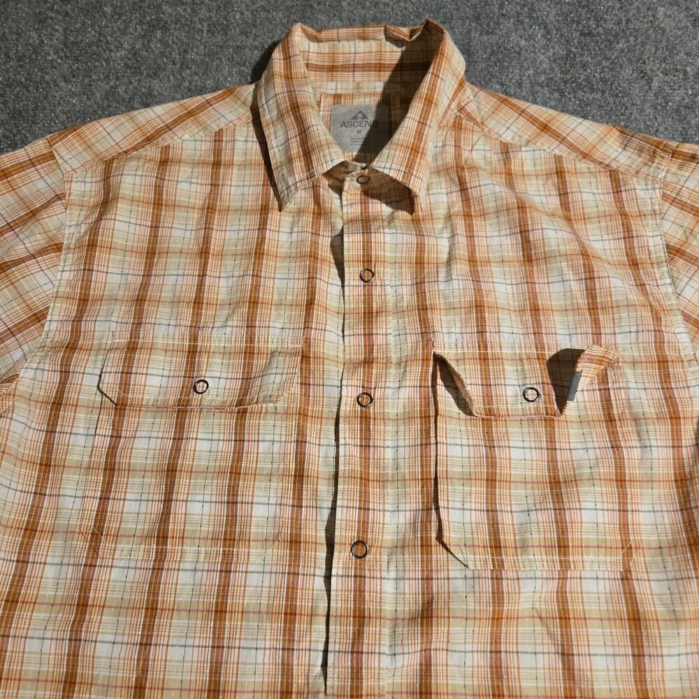 Ascend Shirt Mens Medium Brown Plaid Short Sleeve Snap Front Outdoor Fishing